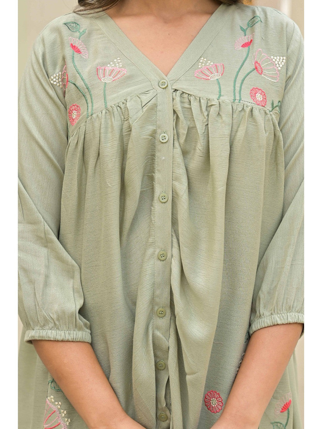 Sage Green Floral Embroidered Viscose Top - Image 3