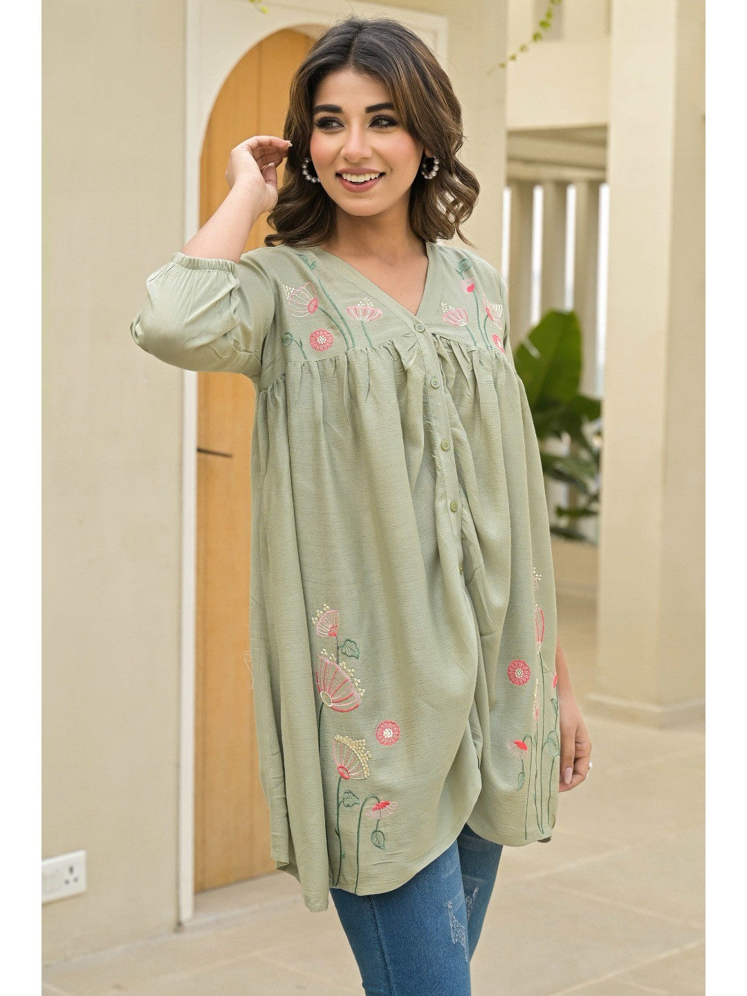 Sage Green Floral Embroidered Viscose Top - Image 8