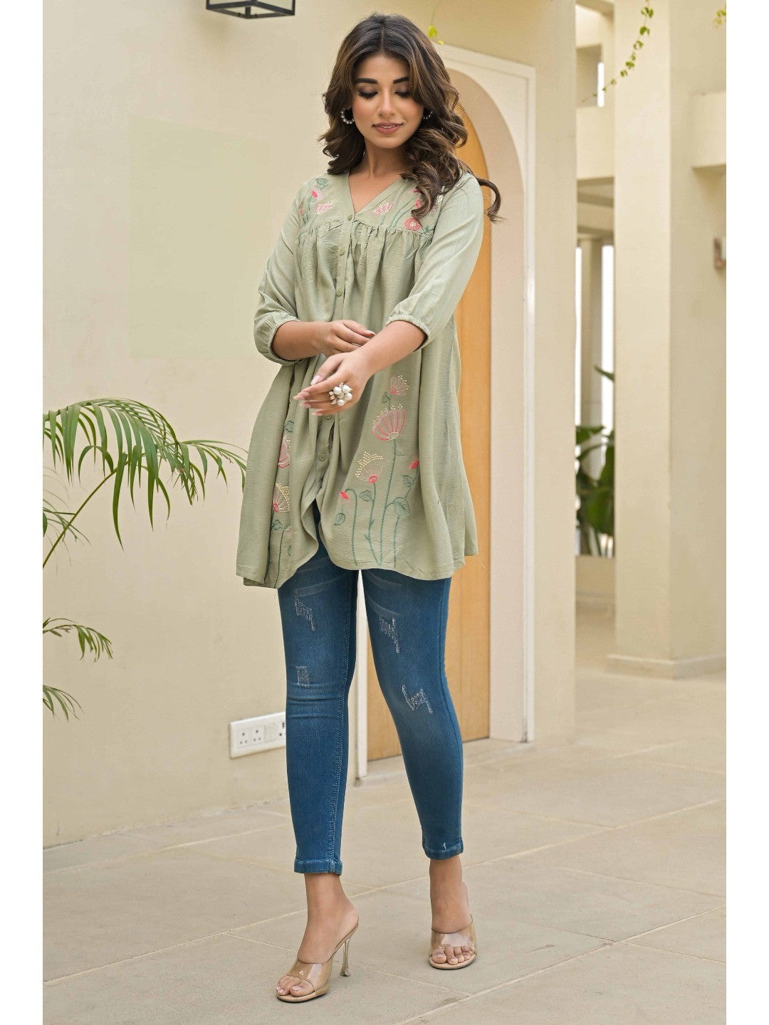 Sage Green Floral Embroidered Viscose Top - Image 4