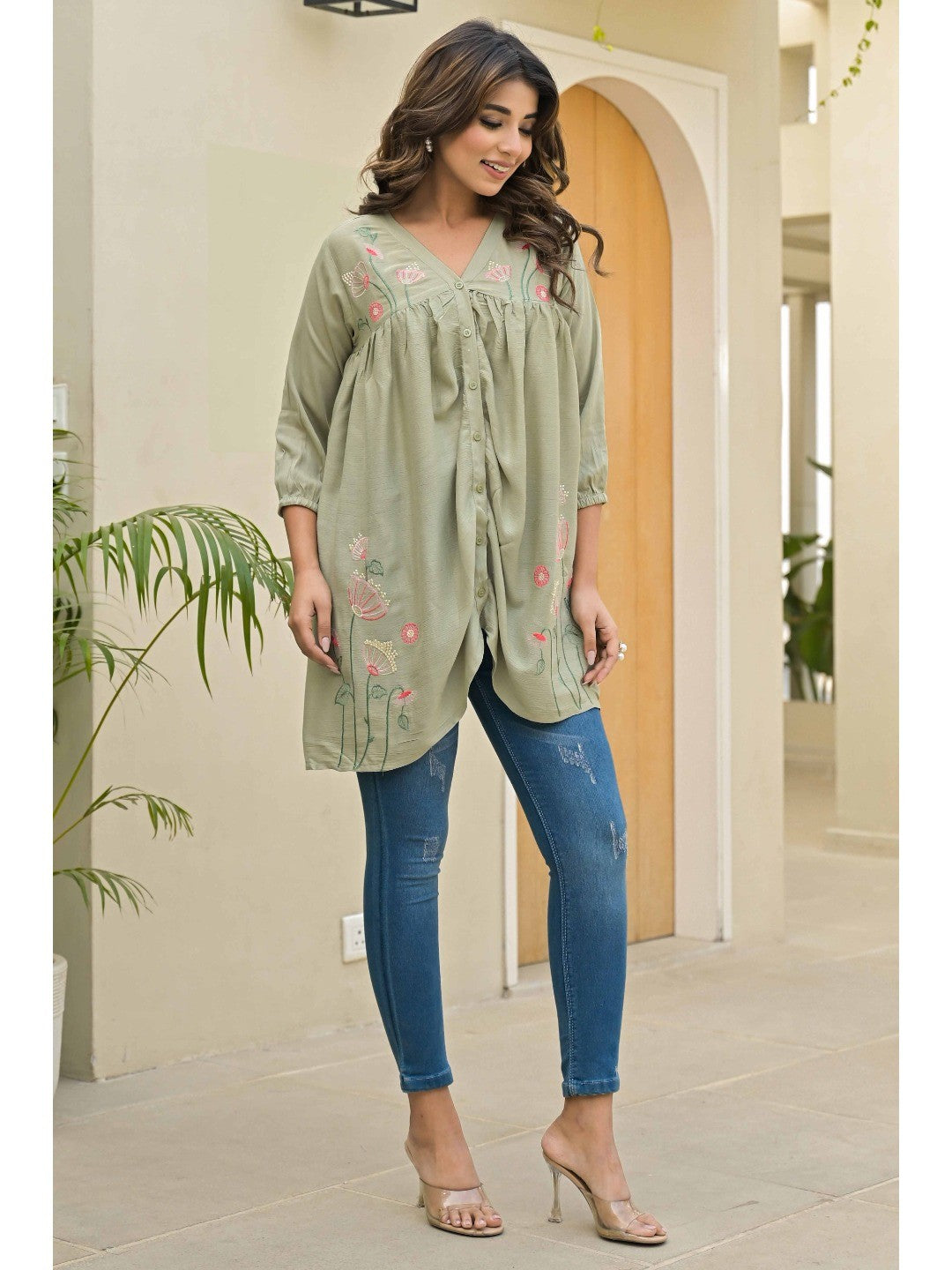 Sage Green Floral Embroidered Viscose Top - Image 5