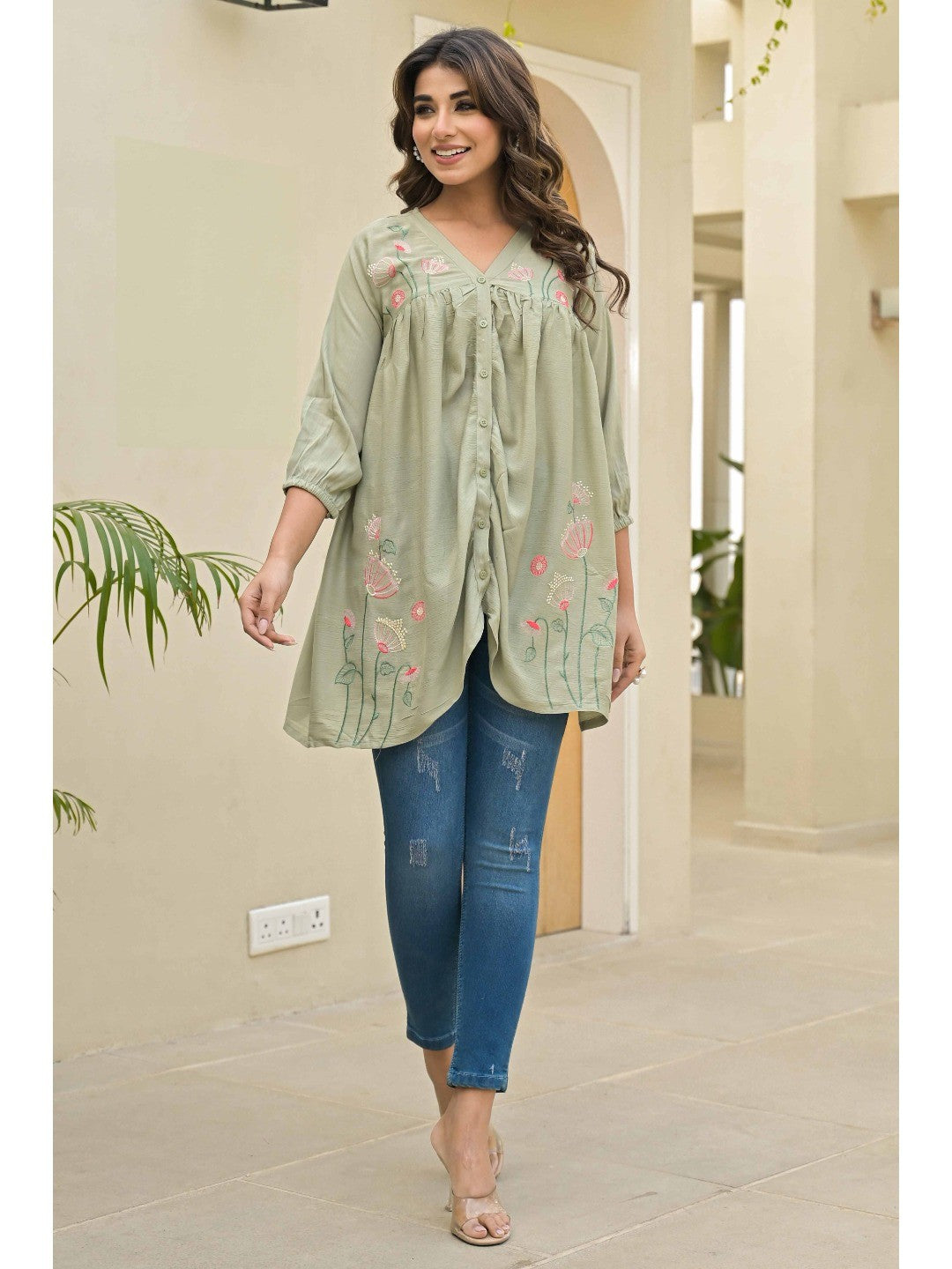 Sage Green Floral Embroidered Viscose Top - Image 7