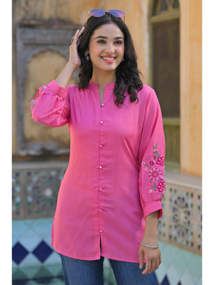 Pink Floral Embroidered Rayon Straight Top - Image 1