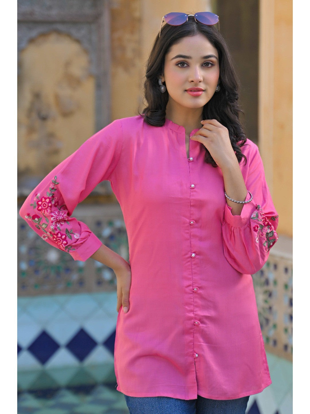 Pink Floral Embroidered Rayon Straight Top - Image 5