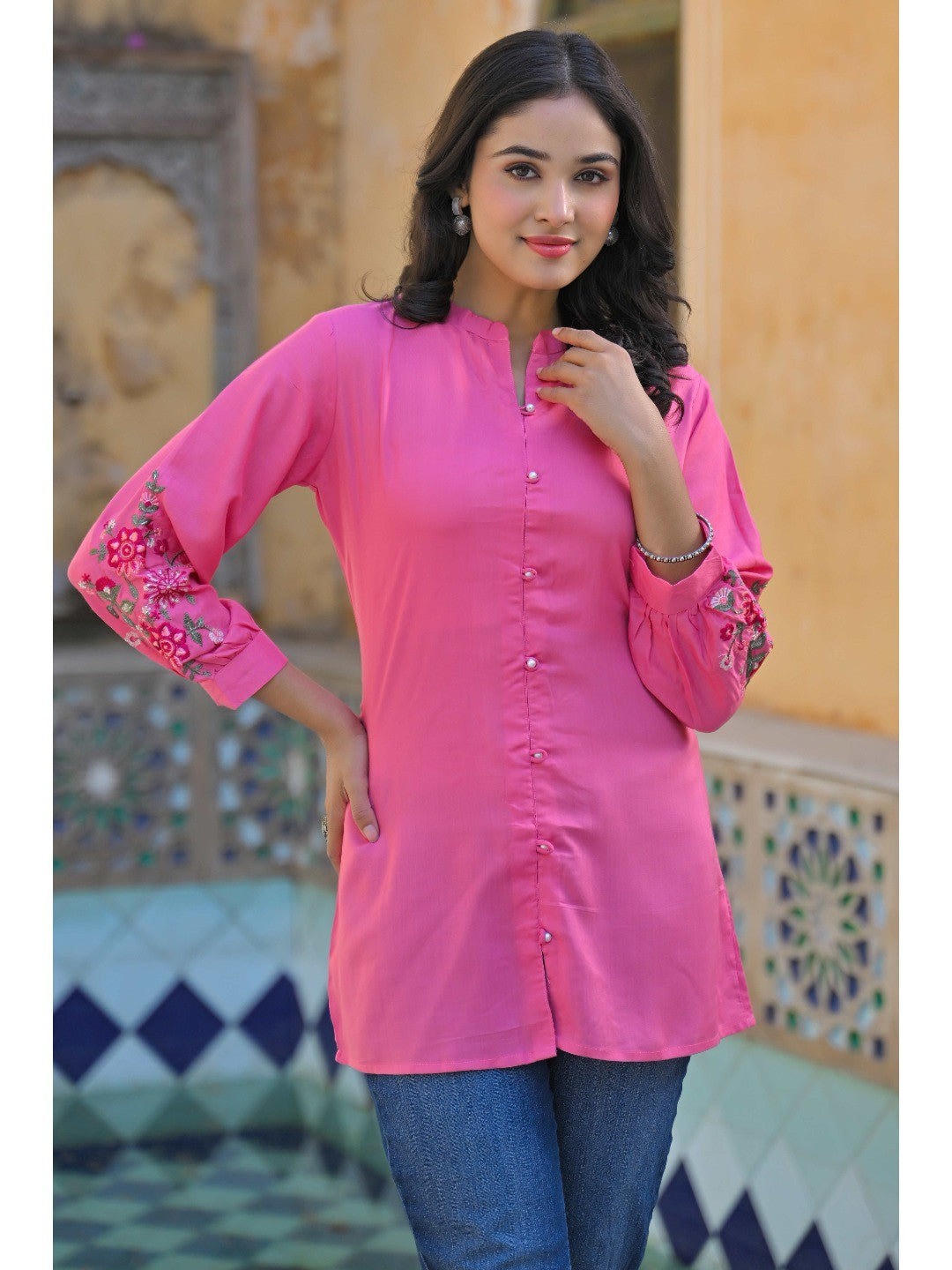 Pink Floral Embroidered Rayon Straight Top - Image 6