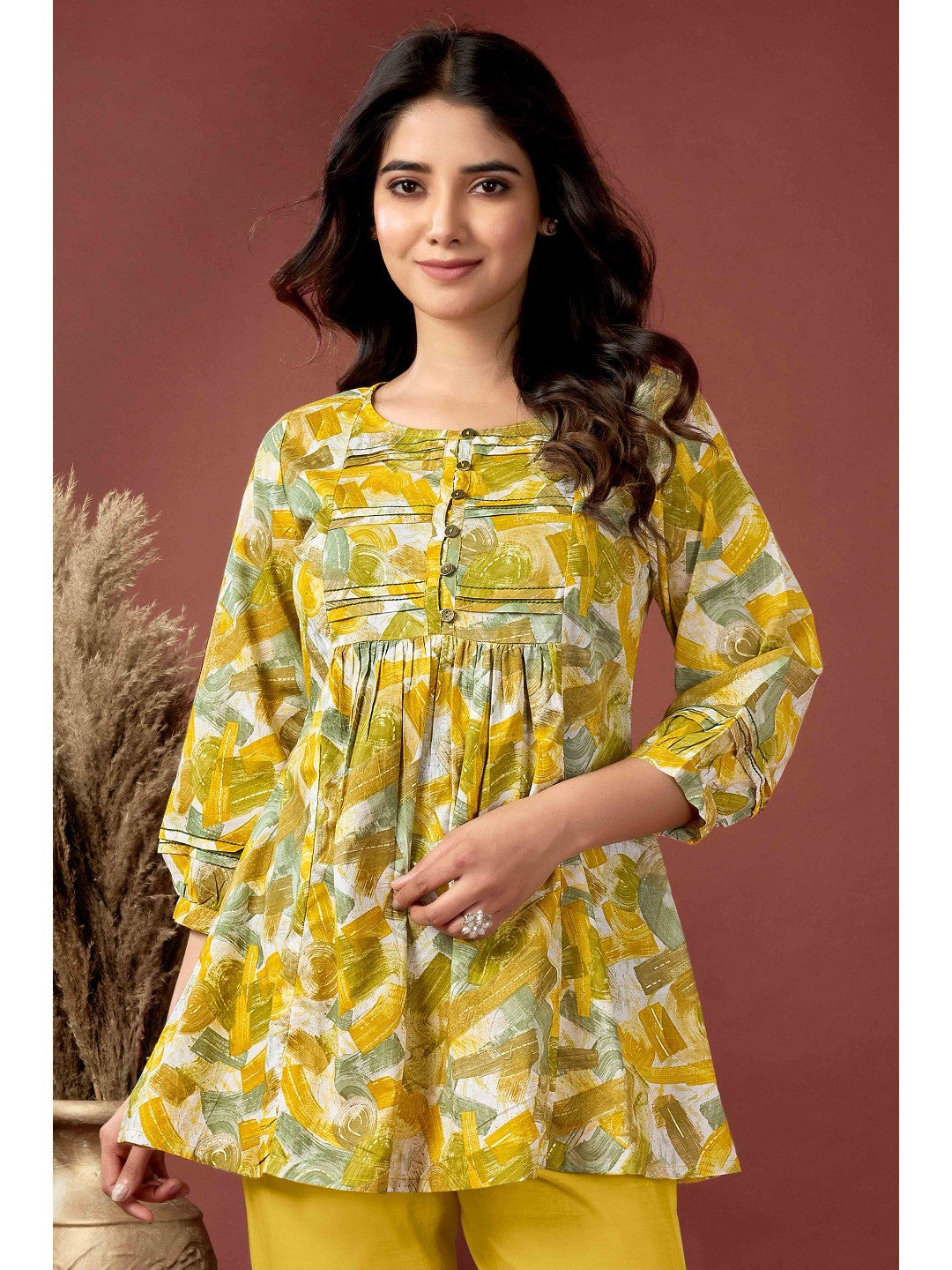 Mustard Abstract Printed Pure Cotton A-Line Top - Image 1