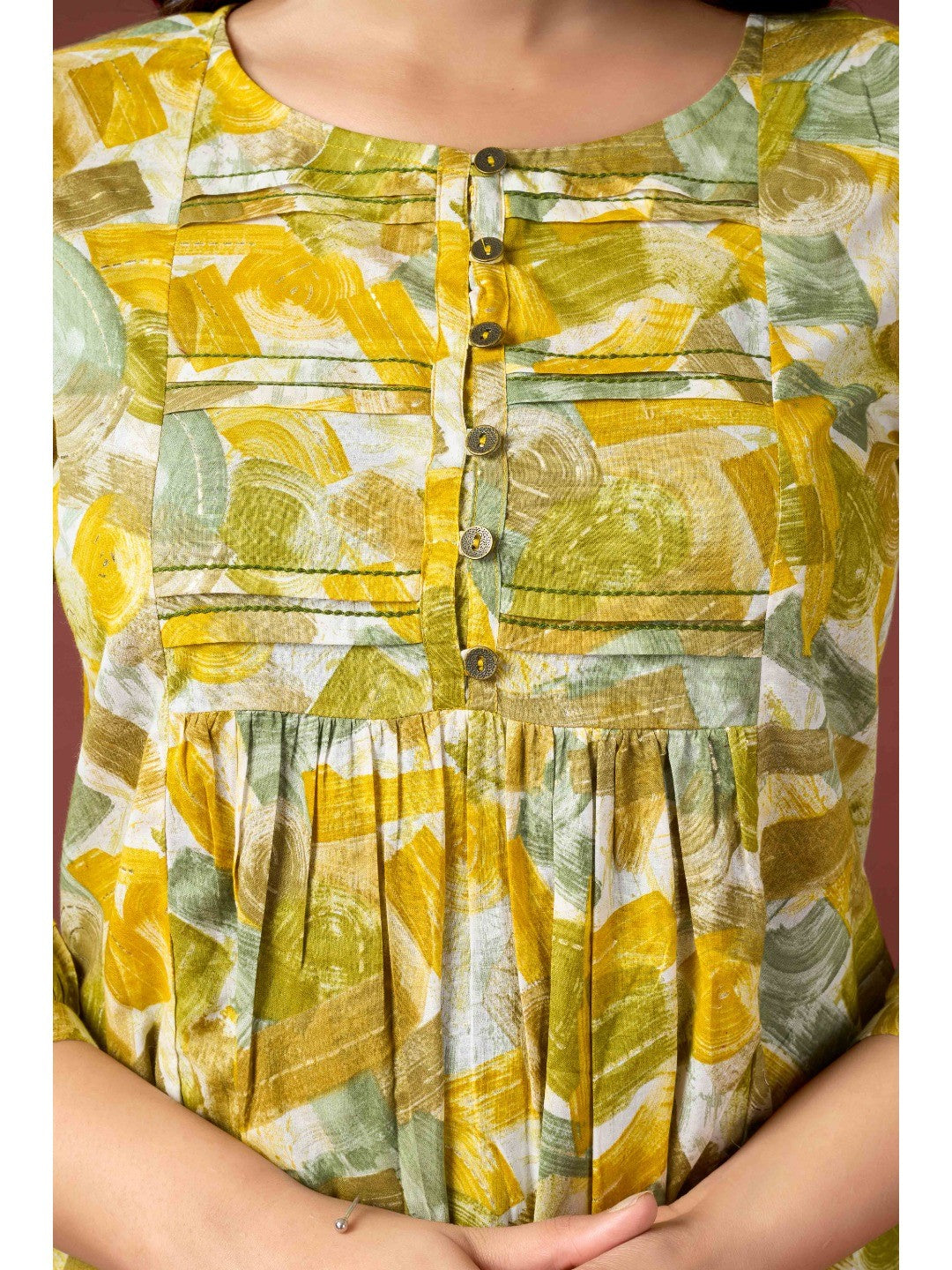 Mustard Abstract Printed Pure Cotton A-Line Top - Image 4