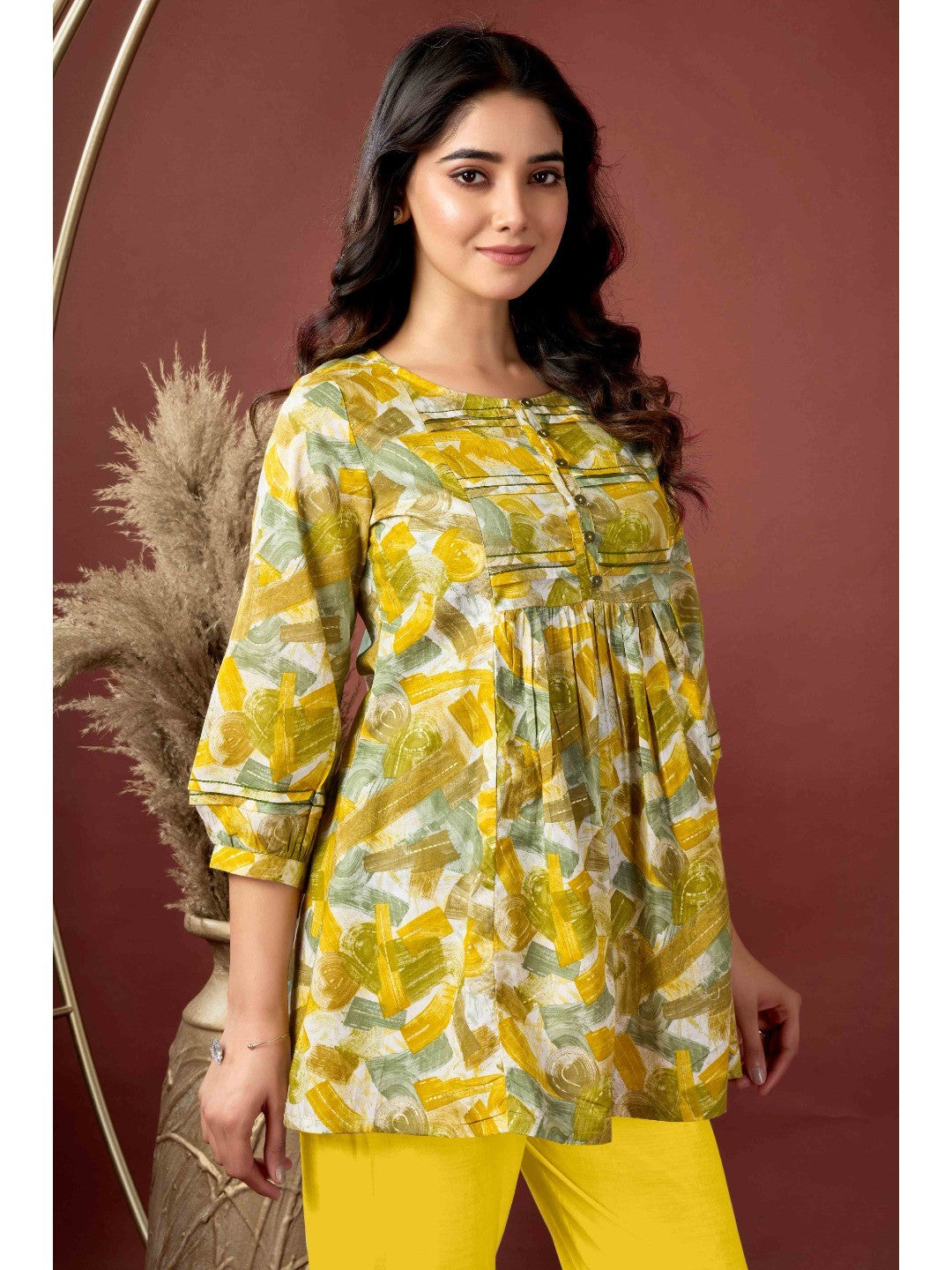 Mustard Abstract Printed Pure Cotton A-Line Top - Image 5