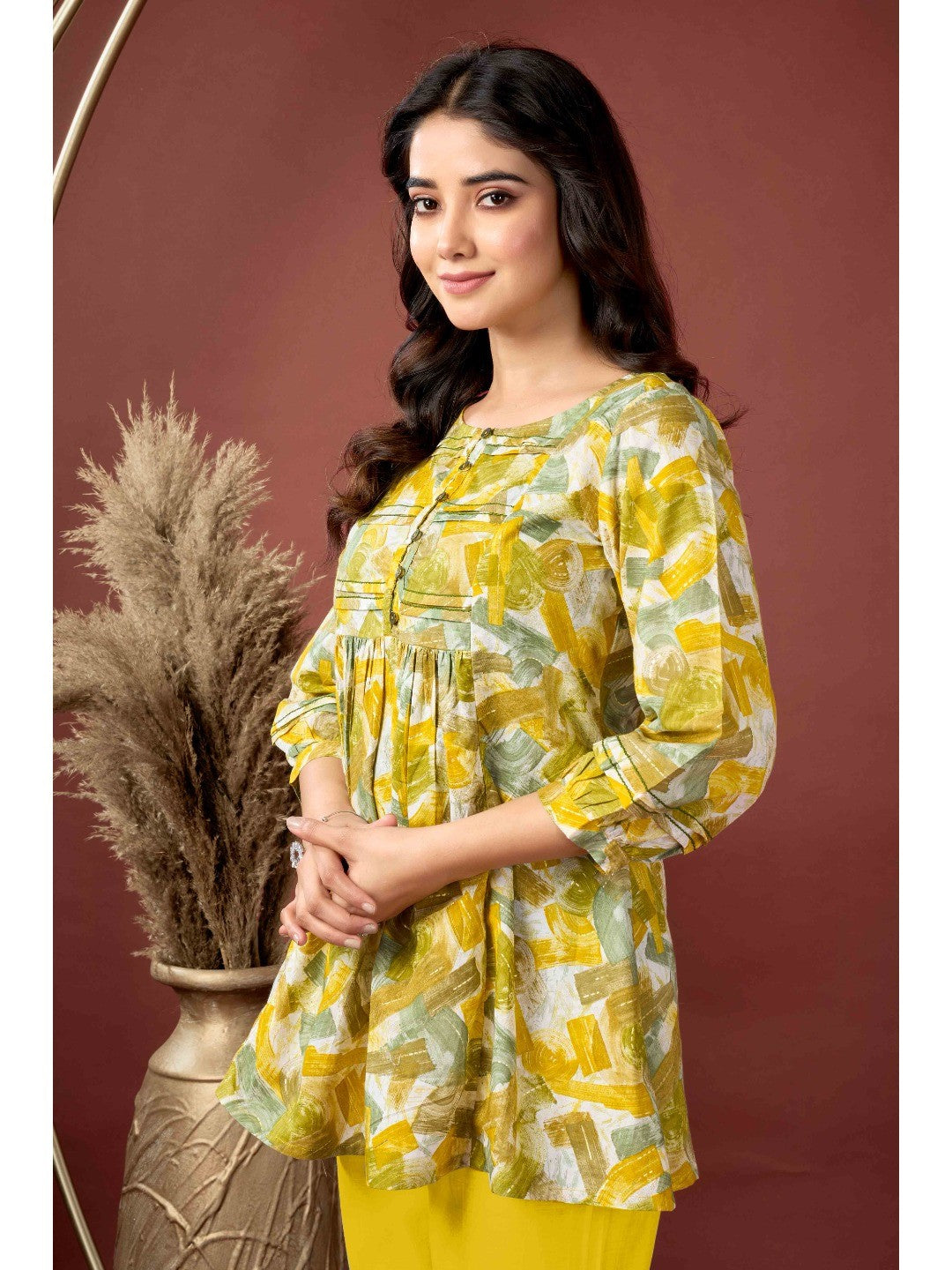 Mustard Abstract Printed Pure Cotton A-Line Top - Image 3