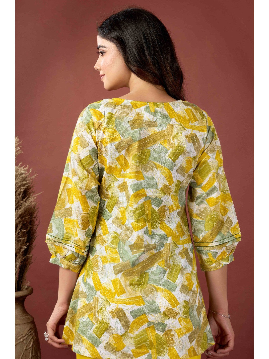 Mustard Abstract Printed Pure Cotton A-Line Top - Image 2