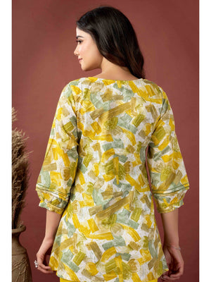 Mustard Abstract Printed Pure Cotton A-Line Top - Image 2