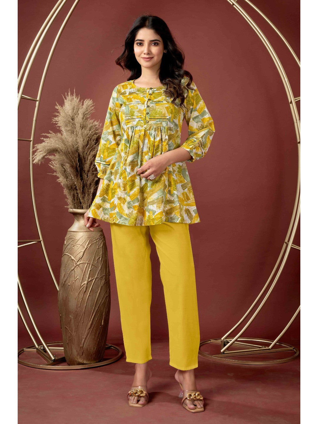Mustard Abstract Printed Pure Cotton A-Line Top - Image 7