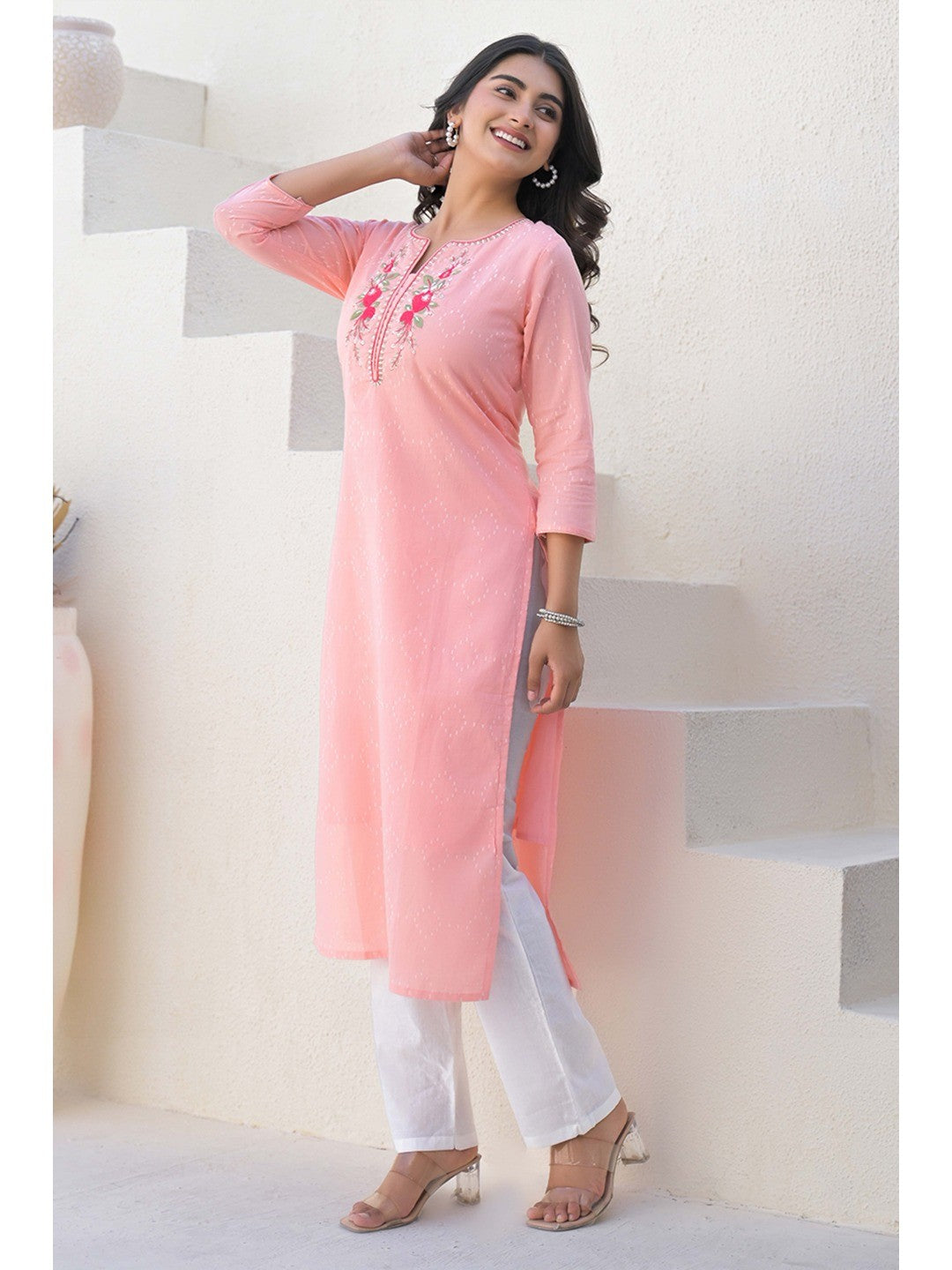 Peach Cotton Straight Kurti with Delicate Neck Embroidery - Image 1