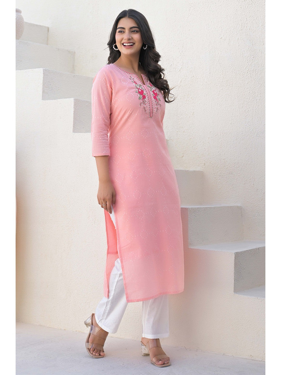 Peach Cotton Straight Kurti with Delicate Neck Embroidery - Image 6