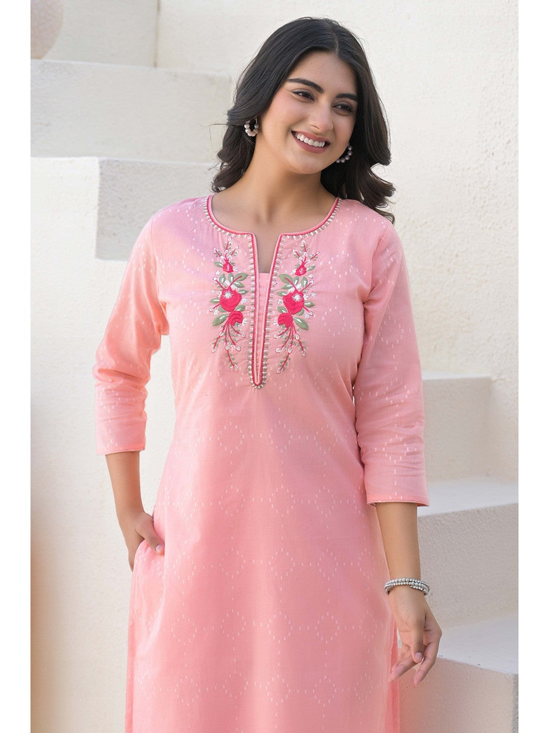 Peach Cotton Straight Kurti with Delicate Neck Embroidery - Image 5