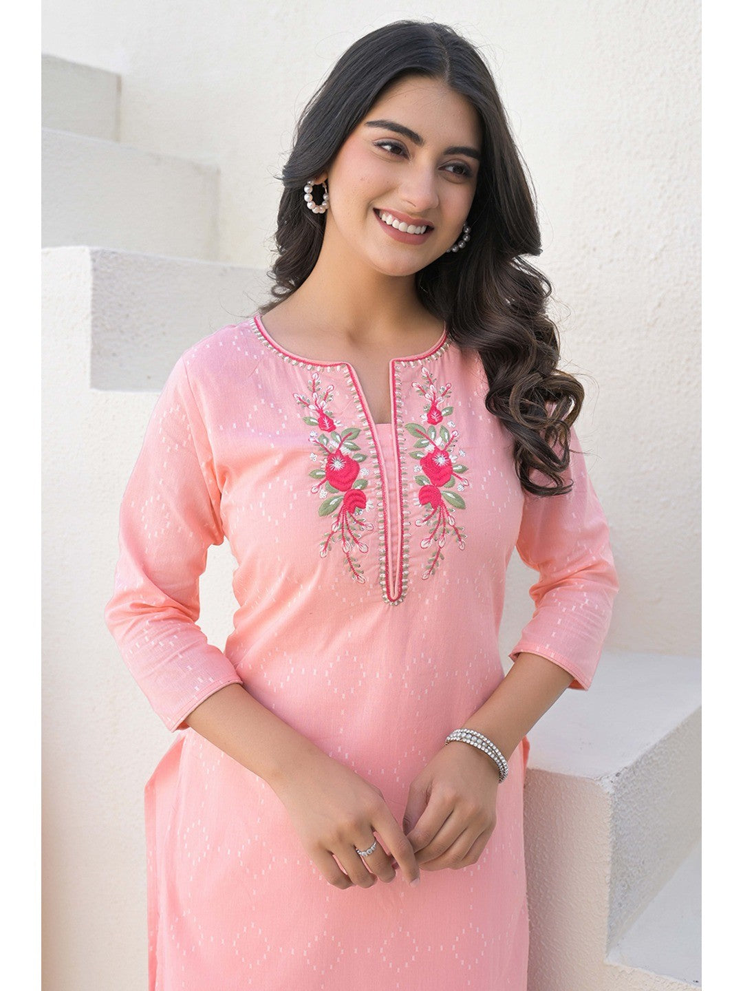 Peach Cotton Straight Kurti with Delicate Neck Embroidery - Image 3