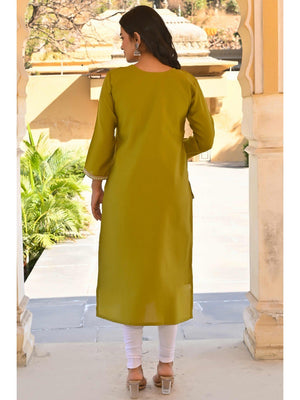 Olive Floral Embroidered Viscose Straight Kurti - Image 1