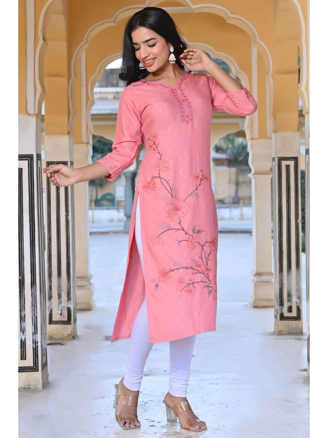 Peach Floral Embroidered Rayon Straight Kurti - Image 1