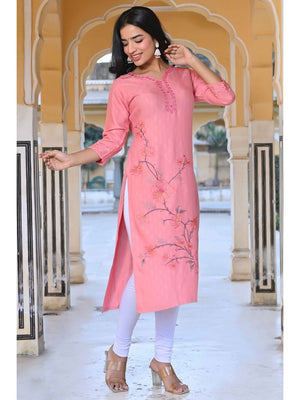 Peach Floral Embroidered Rayon Straight Kurti - Image 1
