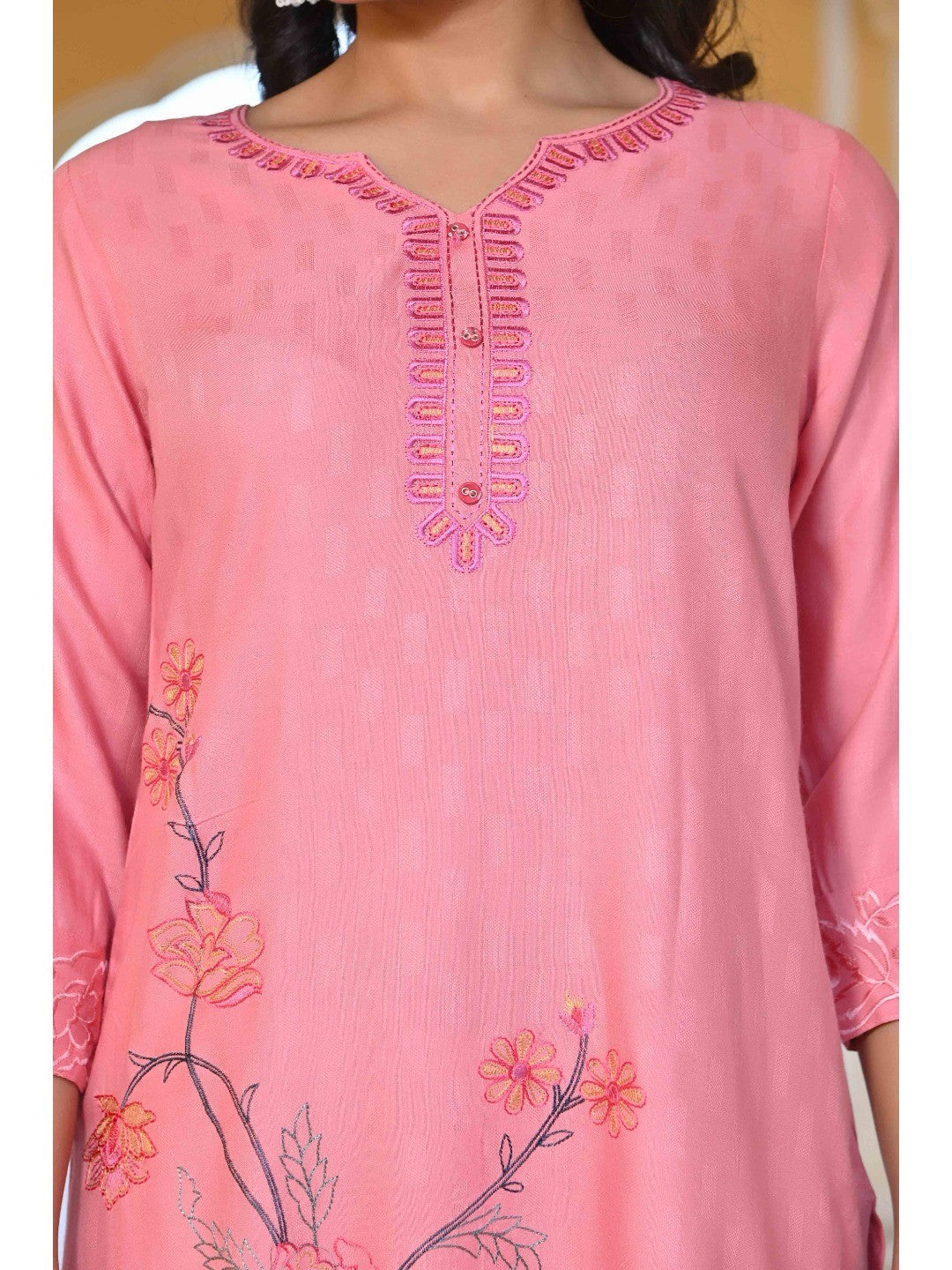 Peach Floral Embroidered Rayon Straight Kurti - Image 9