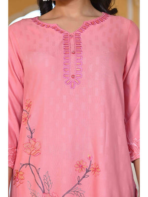 Peach Floral Embroidered Rayon Straight Kurti - Image 2