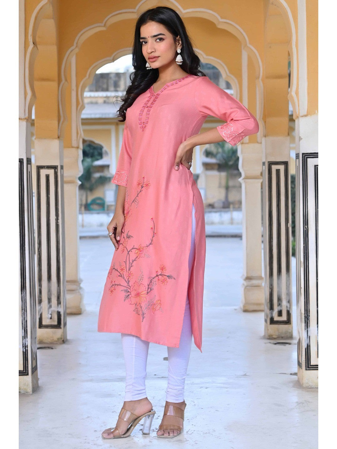 Peach Floral Embroidered Rayon Straight Kurti - Image 8