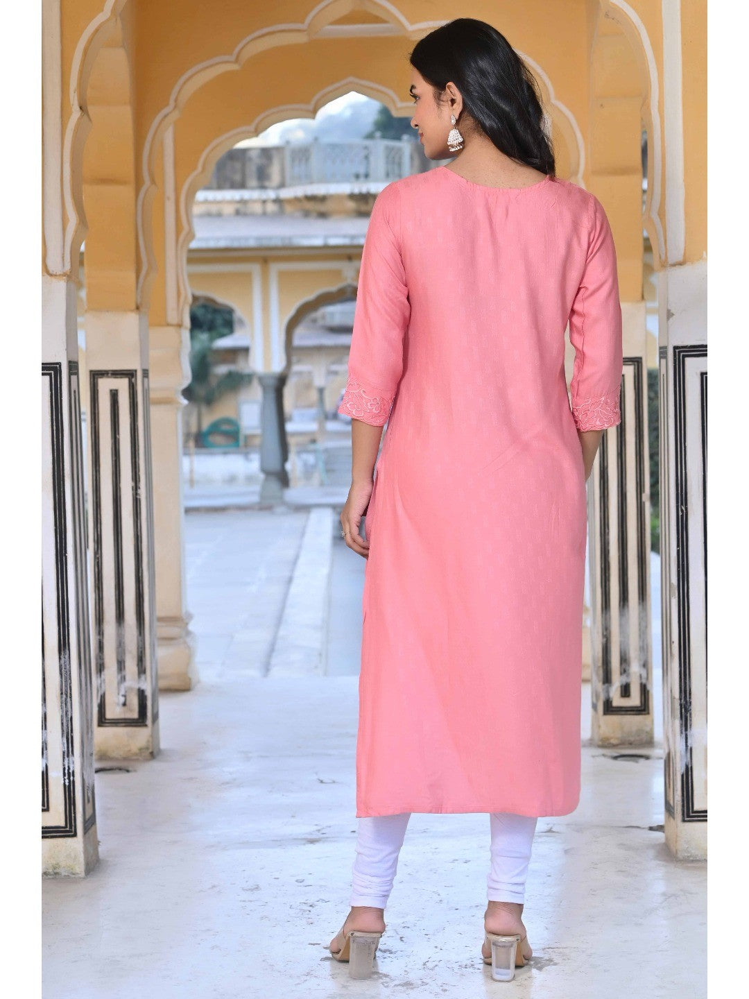 Peach Floral Embroidered Rayon Straight Kurti - Image 5