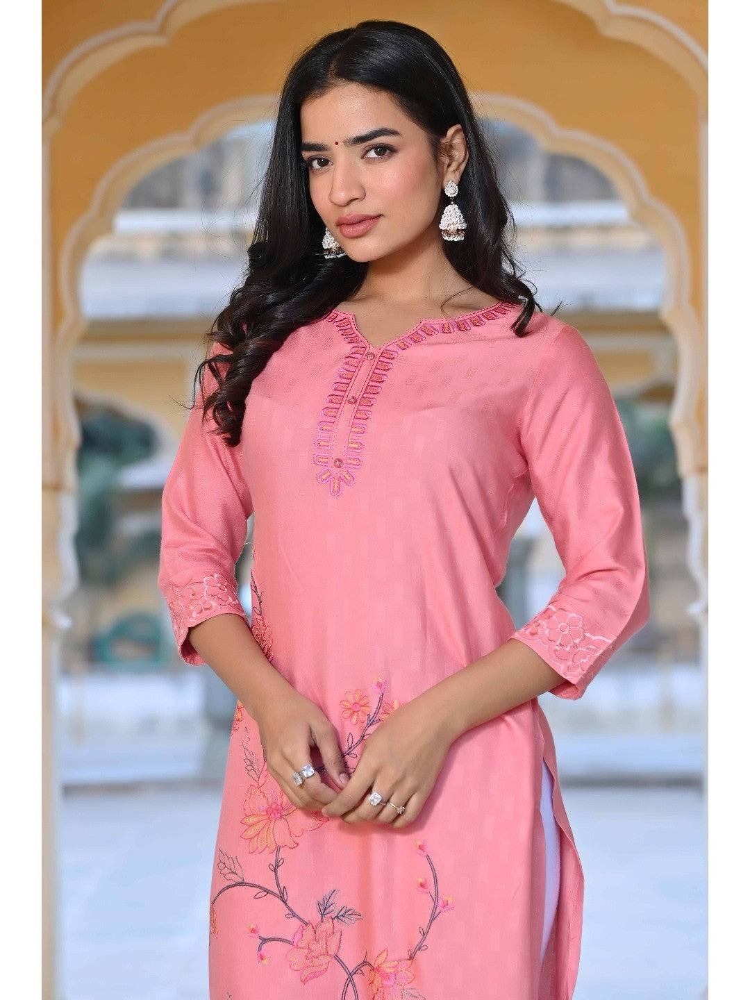 Peach Floral Embroidered Rayon Straight Kurti - Image 4