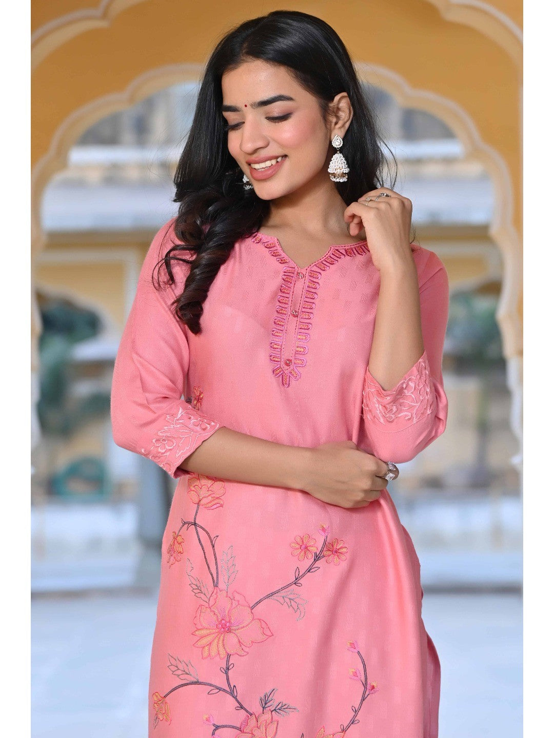 Peach Floral Embroidered Rayon Straight Kurti - Image 3