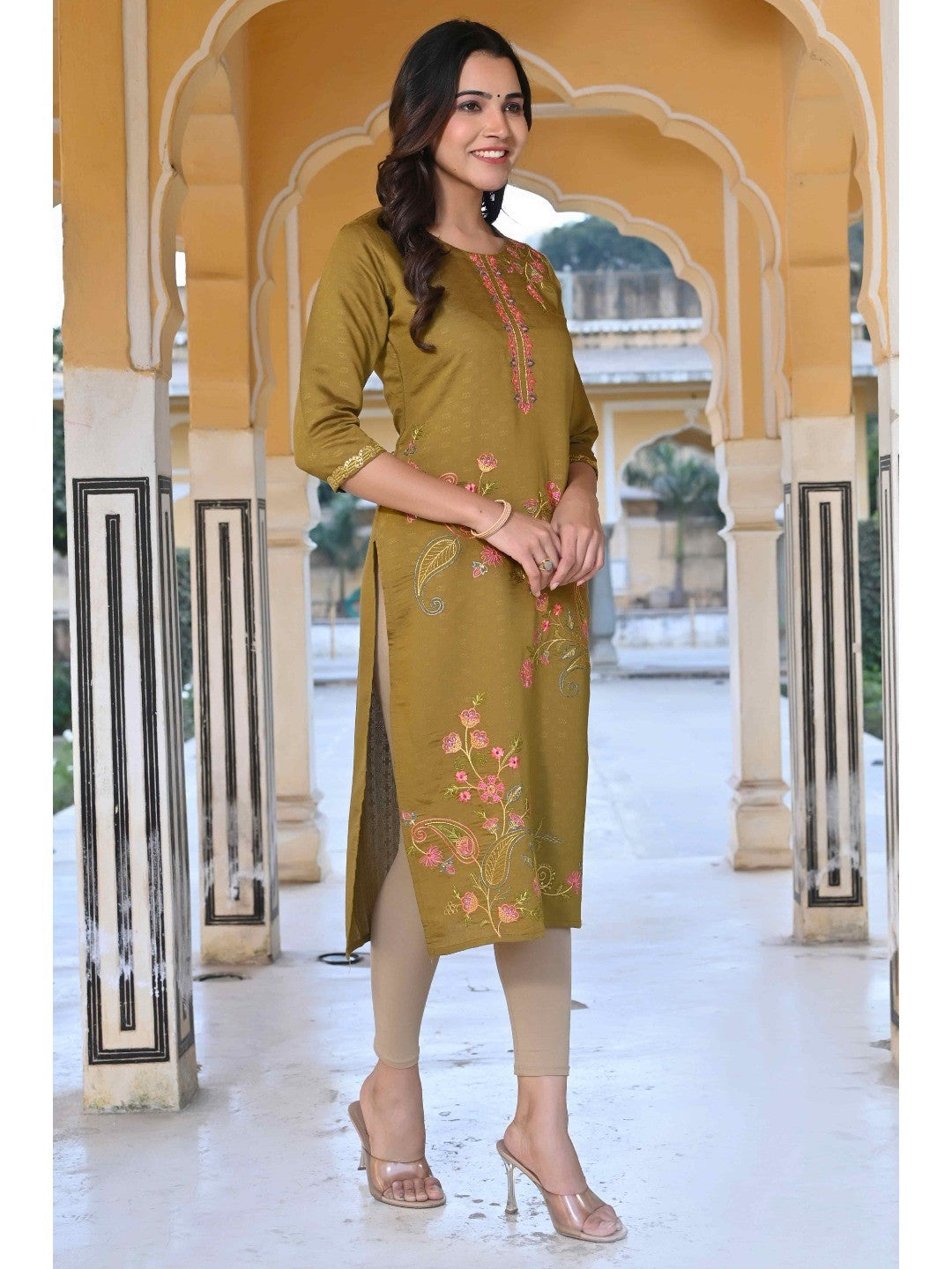 Olive Floral Embroidered Rayon Straight Kurti - Image 3