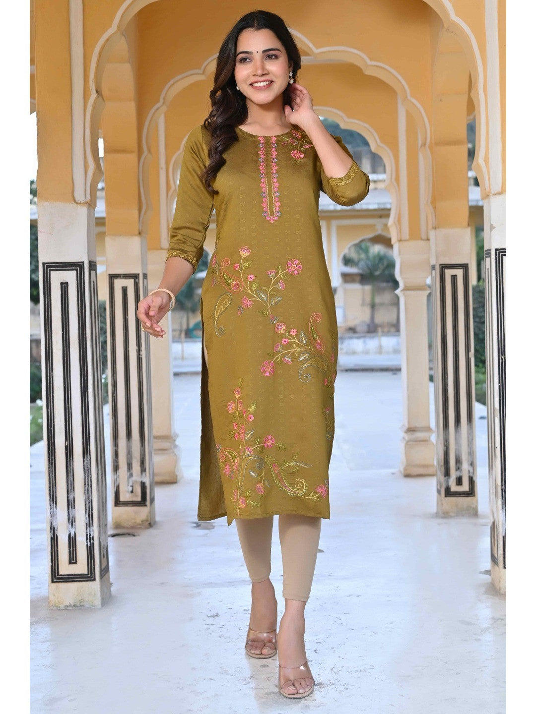 Olive Floral Embroidered Rayon Straight Kurti - Image 4