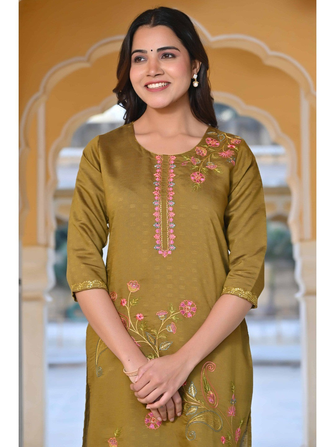 Olive Floral Embroidered Rayon Straight Kurti - Image 5
