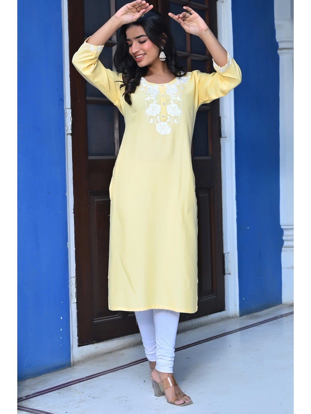 Yellow Embroidered Rayon Straight Kurti - Image 1