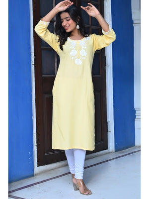 Yellow Embroidered Rayon Straight Kurti - Image 1