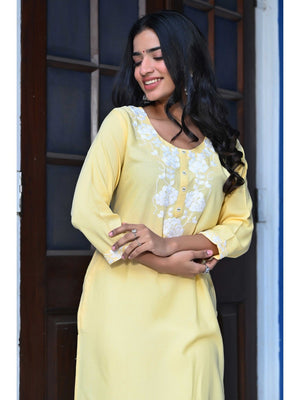 Yellow Embroidered Rayon Straight Kurti - Image 2