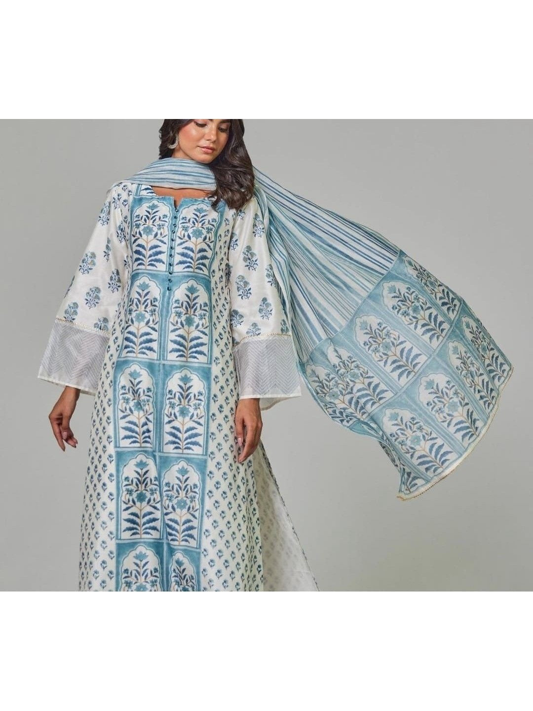 5Cream & Blue Floral Printed Pure Cotton Straight Salwar Suit - Image 1
