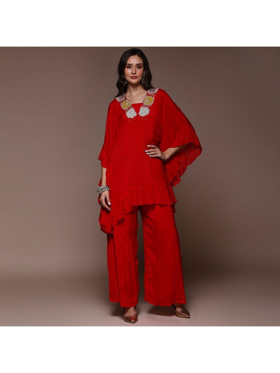 Crimson Red Embroidered Kaftan Style Chinon Co-Ord Set - Image 1