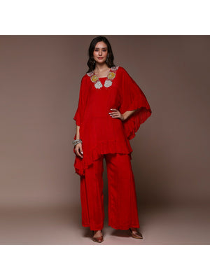 Crimson Red Embroidered Kaftan Style Chinon Co-Ord Set - Image 1