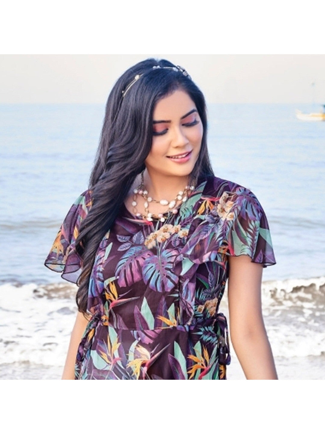 Wine Digital Floral Printed Chiffon Maxi Dress - Image 2