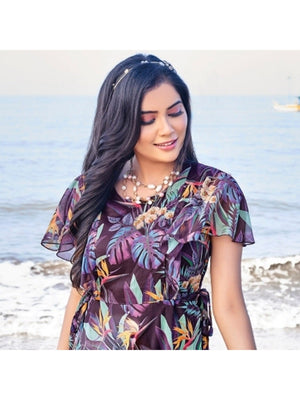 Wine Digital Floral Printed Chiffon Maxi Dress - Image 2