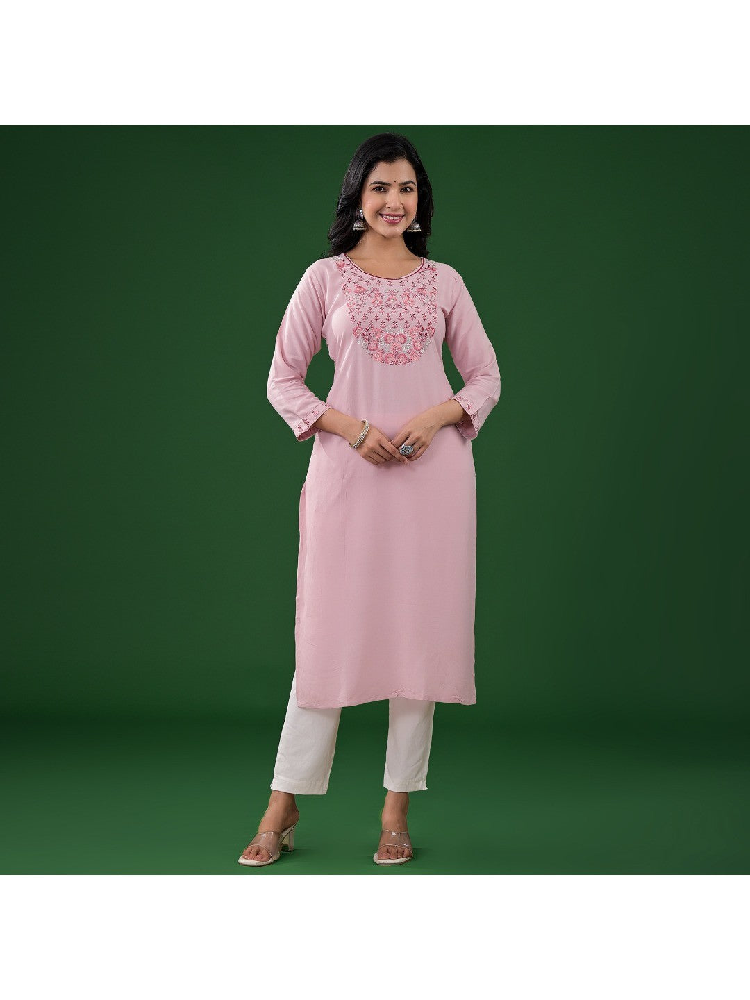 Peach Yoke Embroidered Rayon Straight Kurti - Image 1