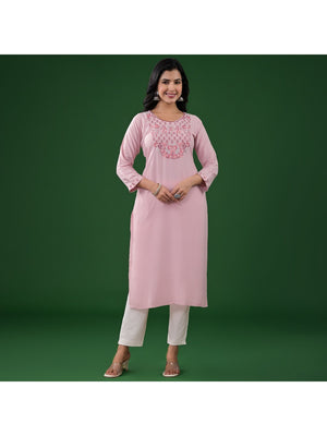 Peach Yoke Embroidered Rayon Straight Kurti - Image 1