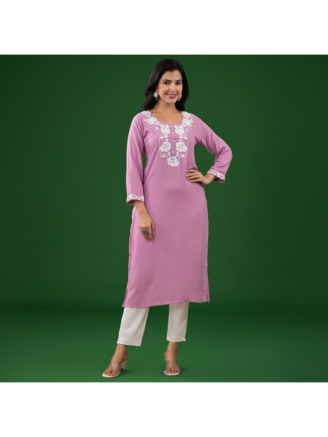Pink Embroidered Rayon Straight Kurti - Image 1