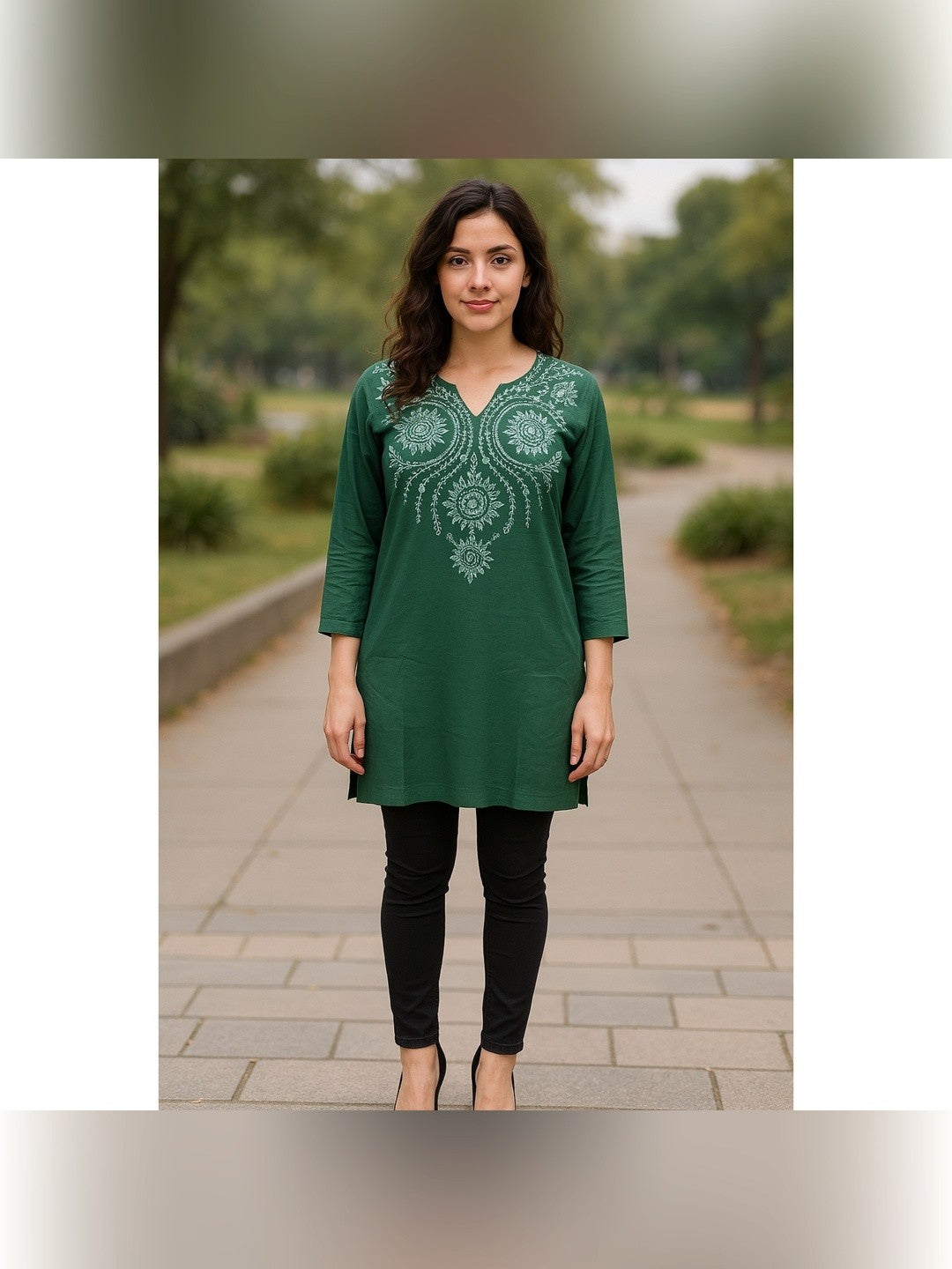 Green Yoke Embroidered Rayon Straigth Top - Image 2