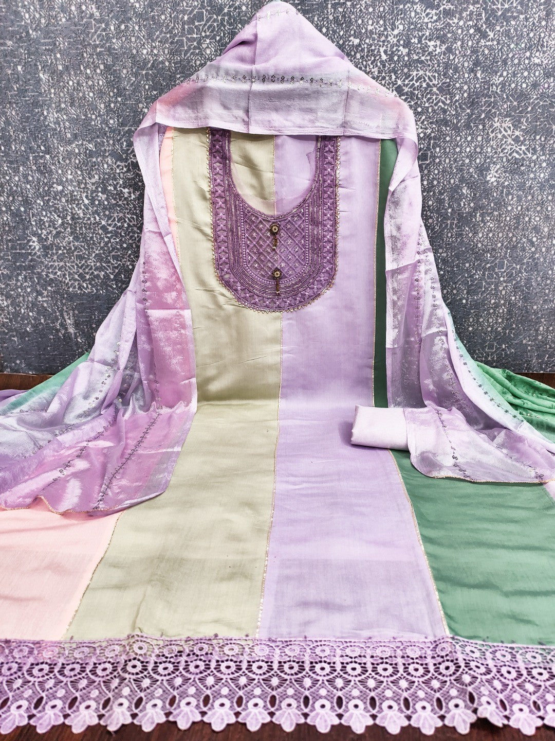 Purple & Cream Silk Blend Dress Material with Embroidered Neck and Detailed Craft Finish - Image 3