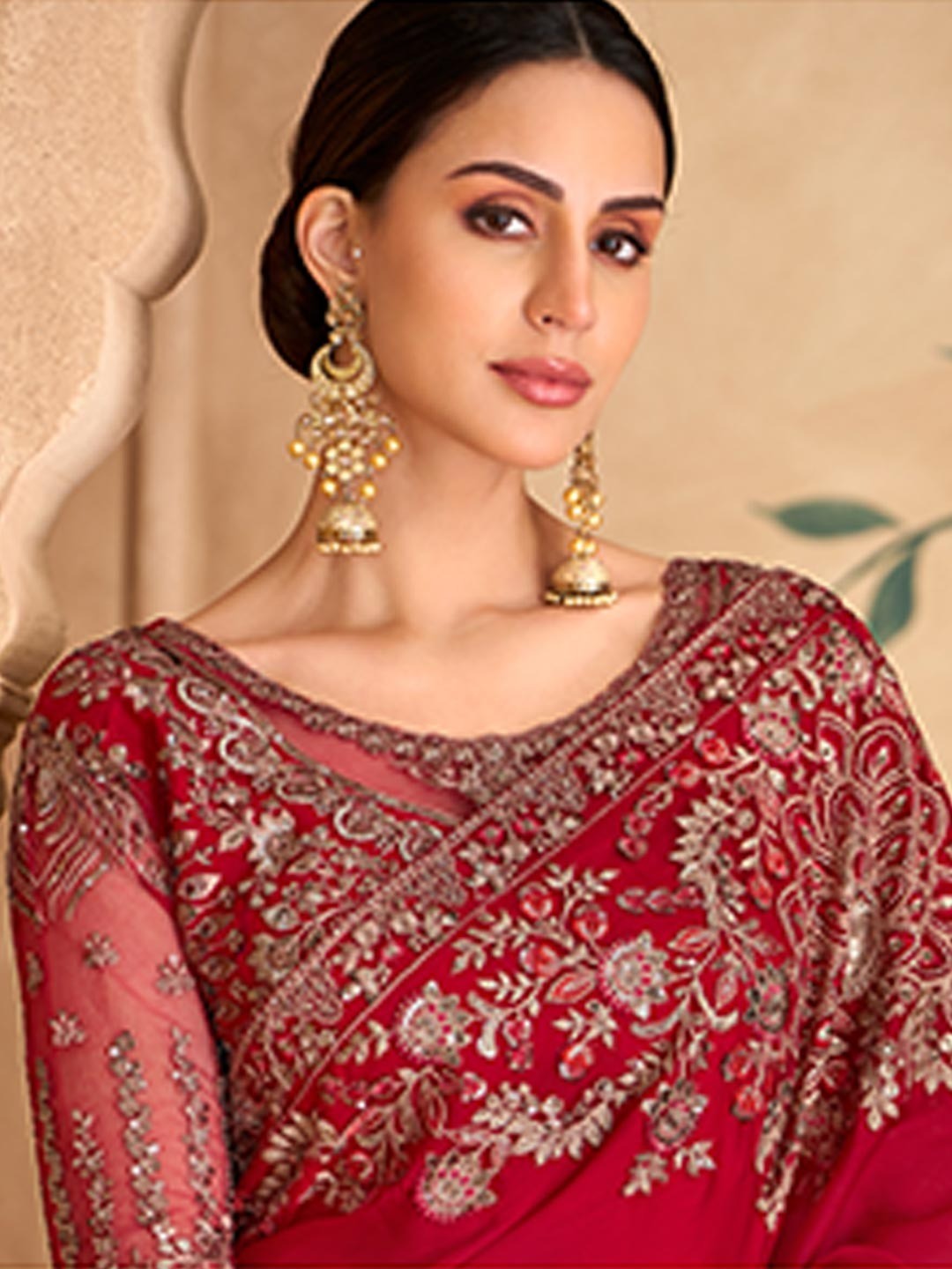 Elegant Red Georgette Saree with Embroidery and Sequin Detail - Image 5