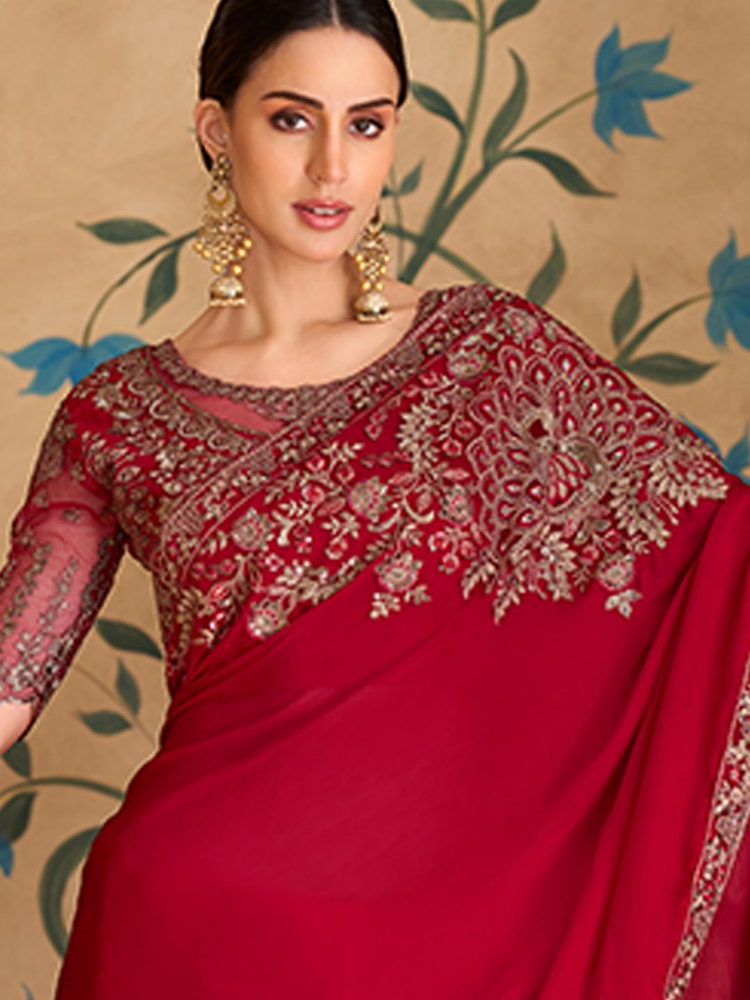 Elegant Red Georgette Saree with Embroidery and Sequin Detail - Image 4