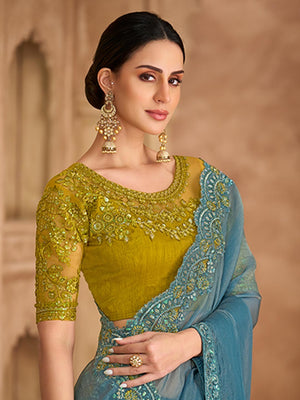 Party Perfect Sky Blue Georgette Saree with Shimmering Sequin and Thread Embroidery - Image 2