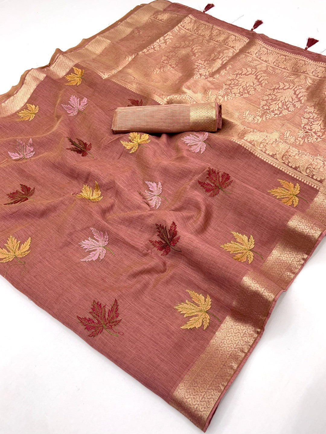 Elegant Dusty Peach Cotton Blend Saree Adorned With Leaf Embroidery & Rich Zari Weaving Work - Image 2
