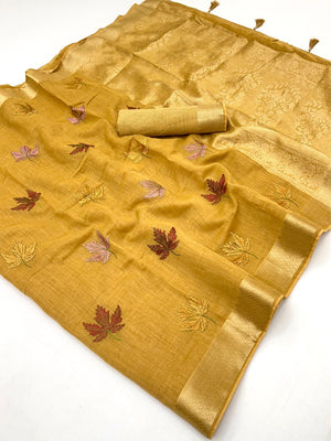Elegant Mustard Cotton Blend Saree Adorned With Leaf Embroidery & Rich Zari Weaving Work - Image 2