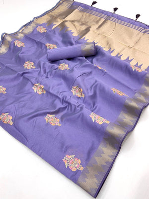 Refreshing Lavender Cotton Blend Saree Highlighted By Intricate Floral Embroidery & Zari Weaving - Image 2